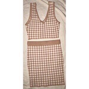 IRIS 2pc Outfit Set Womens Size S Beige Gingham Crop Tank Top Midi Skirt